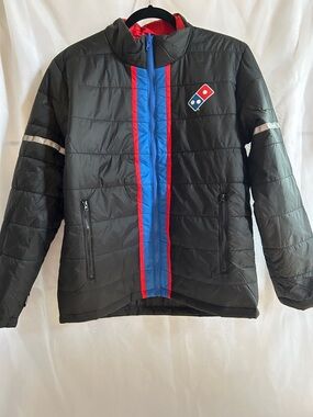 Domino’s Black Puffer Jacket with Blue & Red Stripe